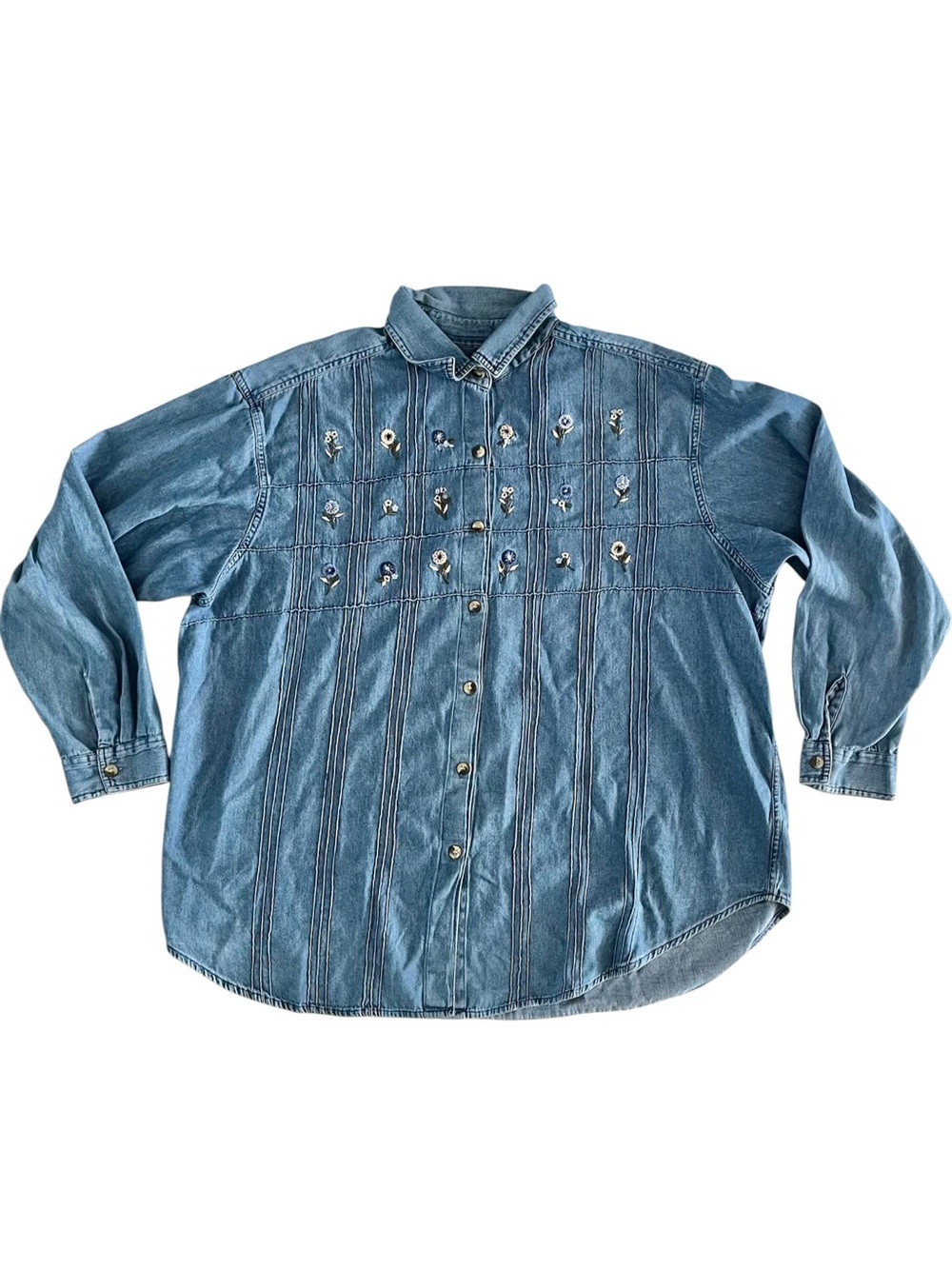 Vintage Embroidered Denim Button-Up Shirt - Blue